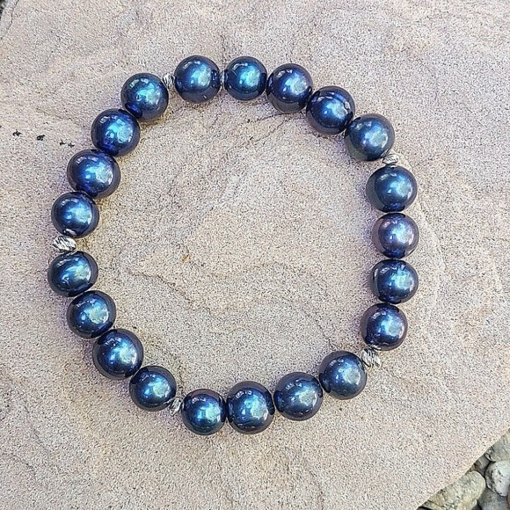 Blue Freshwater Pearl & Silver Bead Stretch Bracelet, NEW
